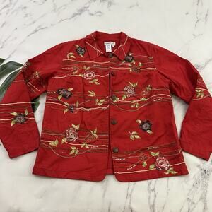 Coldwater Creek Womens Vintage Y2k Embellished Jacket Size M Red Floral Sequins